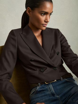 Reiss Chocolate Brown Double-breasted Cropped Blazer Wool-blend, 14