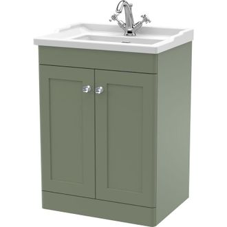 Nuie Nuie Classique Floor Standing 2-Door Vanity Unit with Traditional Basin 600mm Wide Satin Green - 1 Tap Hole
