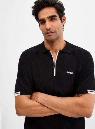 BOSS Mens Textured raglan-sleeve zip-collar polo
