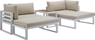 Vente-Unique Sal&oacute;n de jard&iacute;n modular de aluminio: 2 sillones de esquina, 2 pufs y una mesa de centro - Blanco con cojines beige - NOLLAY de MYLIA