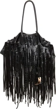 Alexander McQueen Manta Fringe Embellished Croc Embossed Leather Shoulder Bag in Black/silver at Nordstrom
