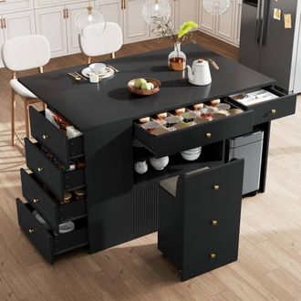 Merax Kitchen Island Cabinet with Mobile Storage Stools, Drawers in Black