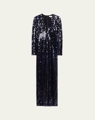 Michael Kors Deep V-Neck Mirror Column Gown