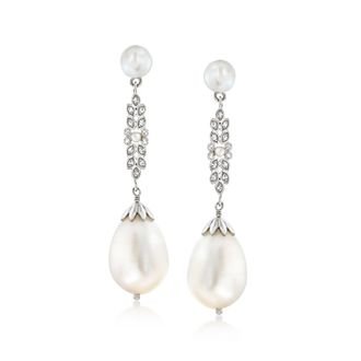 Ross-Simons 1.5-11mm Cultured Pearl and. Diamond Drop Earrings in Sterling Silver