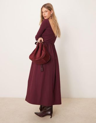 Nobody's Child Penni boat neck midi dress in burgundy-Red