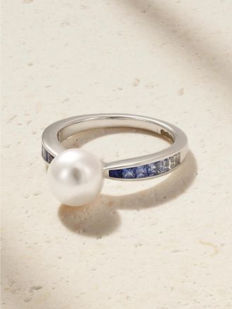 Mikimoto Anello In Oro Bianco 18 Carati Con Perle E Zaffiri