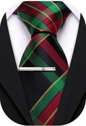 Barry.Wang Plaid Ties Mens Silk Necktie and Tie Clip Checkered Tie for Wedding Party Business Formal, Black Green Red, One Size
