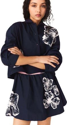 Maje Cropped cotton shirt in Navy at Nordstrom, Size X-Small