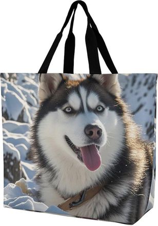 Generic Adorable Huskies Shopper Bag Waterproof Grocery Bag Handle Grocery Bags For Yoga Picnic Camping