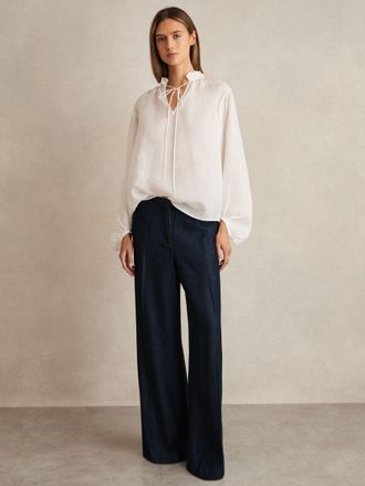 Reiss Dark Blue Denim-look Wide-leg Trousers, 18R
