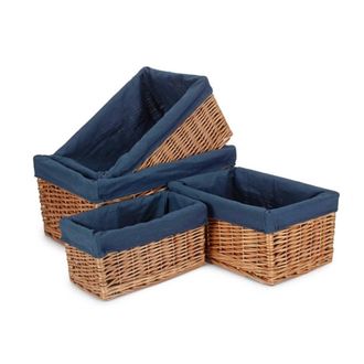 Red Hamper Set of 4 Double Steamed Navy Cotton Lined Willow Storage Baskets in Blue