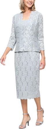 S.L. Fashions SLNY Lace Sequin Detail Dress & Jacket 2-Piece Set in Sage at Nordstrom, Size 12P