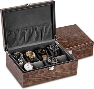OEM Caja De Madera Para Reloj Con 8 Compartimentos, Tapa De Cristal, Mecanismo Mec&aacute;nico, Espacio Para Guardar La Pulsera Y Solapa