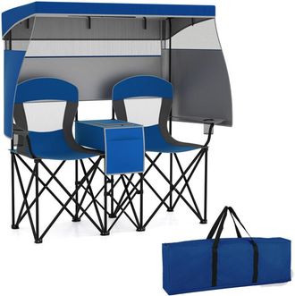Costway Double Folding Camping Chair Outdoor Portable Loveseat w/Canopy-Navy