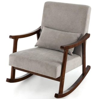Costway Costway Wooden Rocking Accent Chair Upholstered Rocker Armchair w/ Rubber Wood Armrests in Grey