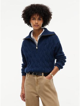 Tommy Hilfiger Womens Cable Knit Quarter-Zip Sweater - Carbon Navy - XXL