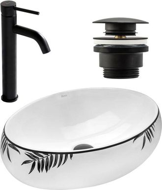 Rea Rea - Set Lavabo Sobre Encimera Shila + Grifo De Ba&ntilde;o Lungo Black Matt + Tap&oacute;n Black Matt