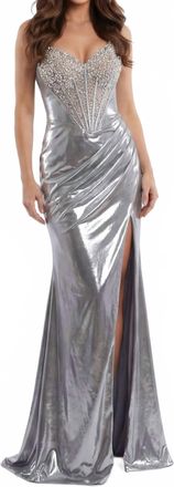 Jovani Elegant Gown With Beaded Bustier And Thigh-High Slit In Silver