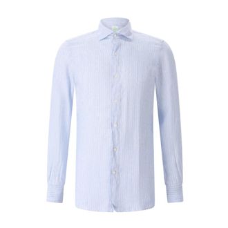 Finamore Gestreept Linnen Overhemd - Heren - Zakelijke Overhemden - Blauw - 2XL - Linnen - Overhemden