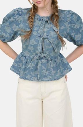 Blu Pepper Puff Sleeve Tie Front Top in Denim at Nordstrom Rack, Size Medium
