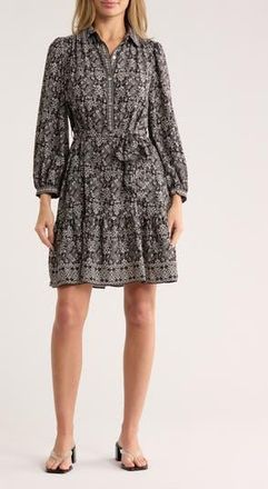 Max Studio Long Sleeve Button Front Crepe Dress in Black/Ivory Cara Folk Flower at Nordstrom Rack, Size X-Small
