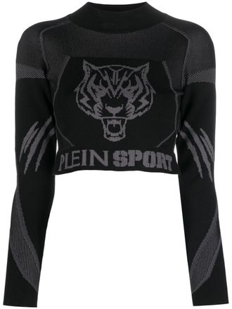 Plein Sport jacquard long-sleeved knitted cropped top - women - Viscose/Polyester - M - Black
