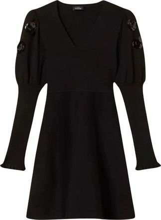 Twinset Korte geborduurde jurk van gebreide stof met pailletten - Dames - Kleedjes - Zwart - XS - Pailletten - Kleedjes
