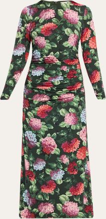 Carolina Herrera Hydrangea-Print Ruched Jersey Long-Sleeve Midi Dress