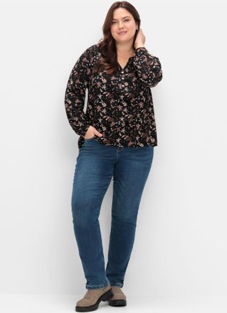 Sheego Longbluse SHEEGO, Damen, Gr. 40, lila (aubergine, schwarz, gemustert), 100% Viskose, gebl&uuml;mt, gemustert, unifarben, Rundhals, Blusen Longbluse