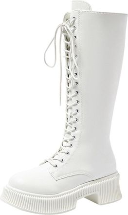 Generic Womens Knee High Boots Ladies Plaform Knee High Shoes Lace Up Wedge Chunky Heel Lug Sole Round Toe Zipper Faux Leather Shoes Motorcycle Punk Gorh Boot