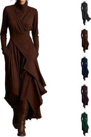 Generic Womens Elegant High-Neck Asymmetrical Maxi Dress, Long Sleeve Stretch Knit Ruffle Asymmetrical Dress (Brown,XL)
