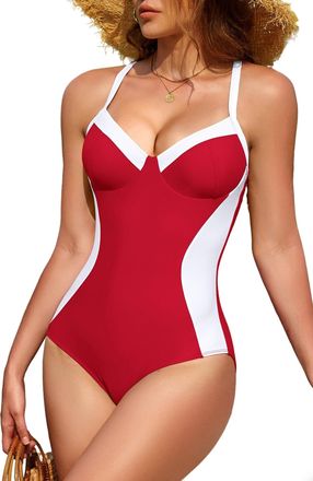SHEKINI One Piece Swimsuit for Women Cutout Swimming Costume Contrast Color Strappy Back Bathing Suit Swimwear
