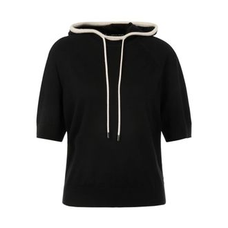 Marc Cain Fijngebreide hoodie met contrasterende details - Dames - Truien - Zwart - Maat: XL Wol