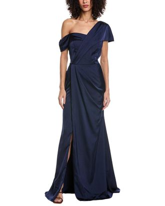 Rene Ruiz Asymmetric Off-Shoulder Crepe Gown