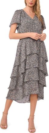 Vince Camuto Abstract Print Tiered Midi Dress in Rich Black at Nordstrom, Size Xx-Large