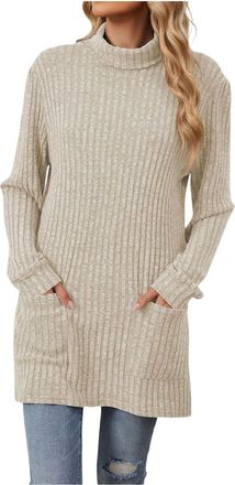 Generic 2025 Sweater Womens Half Turtleneck Long Sleeved Baggy Pocket Sweater Top (Beige, L)