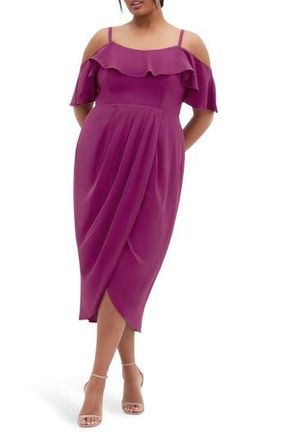 City Chic Flirtation Ruffle Off the Shoulder Cocktail Dress in Cerise at Nordstrom Rack, Size M/18W