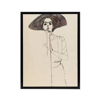 Artery8 Portrait of a Woman with a Hat Framed Canvas Wall Art Print Egon Schiele in Beige | Size: W24 x H32