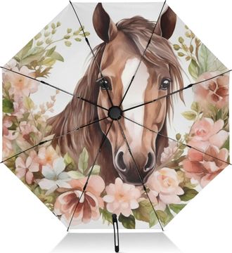 Alaza Umbrellas for Rain Sun Outdoor, Automatic Folding Umbrella Windproof Strong, Large Anti-UV Compact Umbrella Black Outside Animal Horse Flowers Travel 