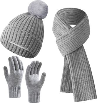 Generic Womens Hat Scarf and Gloves Set Thermal Insulation Winter Warm Set Fleece Lined Scarf Plush Wool Windproof Knitted Cap Cold Weather Autumn Winter