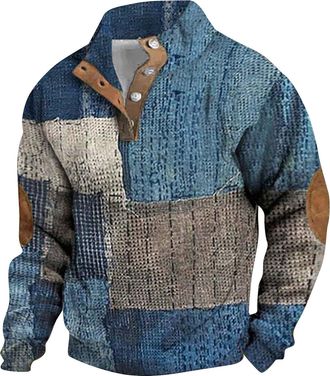 Generic Men Fleece Sweatshirt - Patterned Pullover Sweatshirt Stand Collar Button Up Hoodless Sweatshirt with Elbow Patch Casual Sweater Fall Winter Thermal J