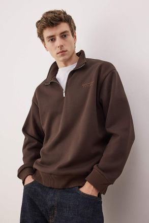 Trendyol MAN Heren Bruin Slogan Lang Oversized Sweatshirts