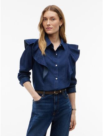 Tommy Hilfiger Womens Lightweight Ruffle-Trim Denim Shirt - Navy Dark Wash - 12