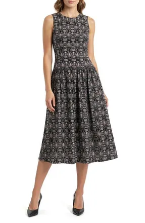 Mila Mae Paisley Cotton Fit & Flare Midi Dress in Black Floral at Nordstrom, Size X-Small