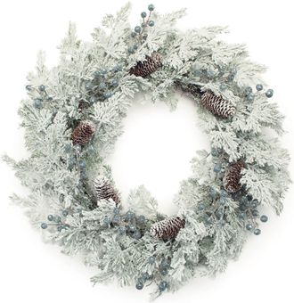 Melrose International Flocked Pine Cedar Berry Wreath 24D - White, Green
