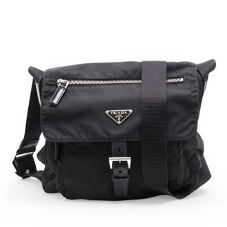 Prada Black Leather Nylon Messenger Bag Shoulder Bag (Pre-Owned)