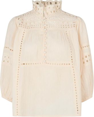 Second Female Overhemden, Dames, Wit, S, Katoen, Romantische Ecru Blouse met Borduurwerk