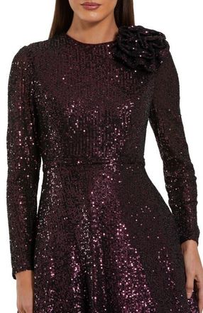 Mac Duggal Long Sleeve Sequin Ballgown With 3D Flower in Amethyst at Nordstrom, Size 14