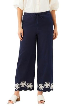 Karen Kane Embroidered Scallop Drawstring Cotton Pants in Navy at Nordstrom, Size X-Small