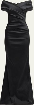 Teri Jon Pleated Off-Shoulder Satin Column Gown